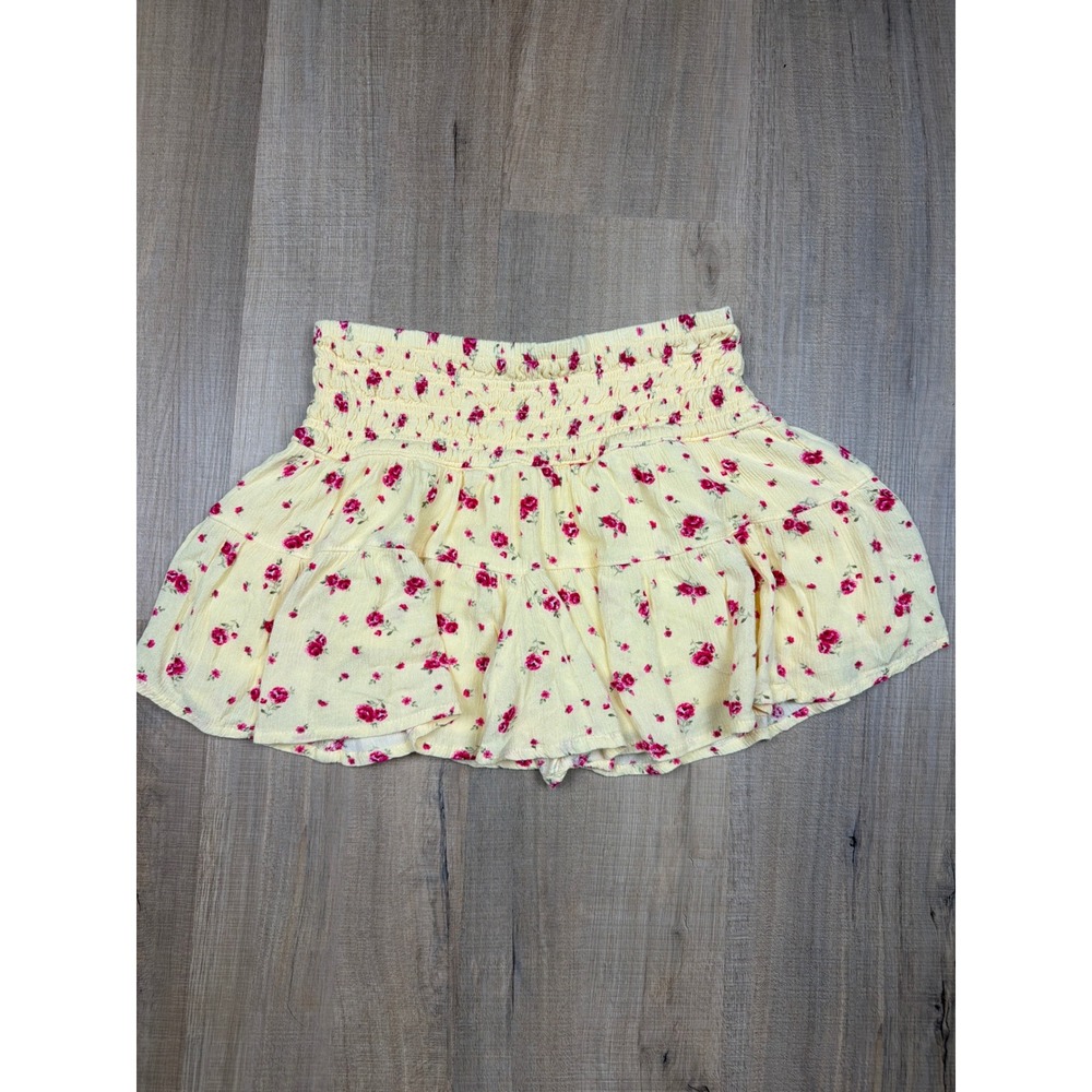 Garage Floral Smocked Skort Yellow Pink Rose Tiered Ruffle Mini Skirt XS - Picture 5 of 8